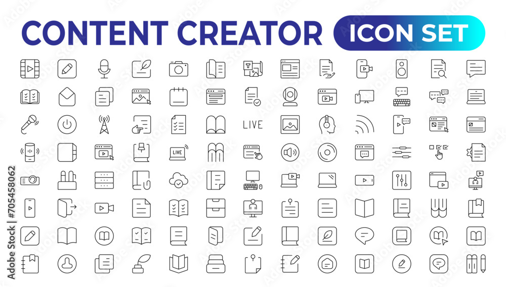 Set of outline icons related to content creation, media. Linear icon collection. Editable stroke. Vector illustration - obrazy, fototapety, plakaty 