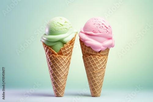Set of ice cream in waffle cone on light green background