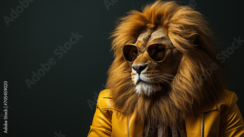Portrait of lion wearing yellow suit and sunglasses. © Shanorsila