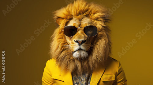 Portrait of lion wearing yellow suit and sunglasses.