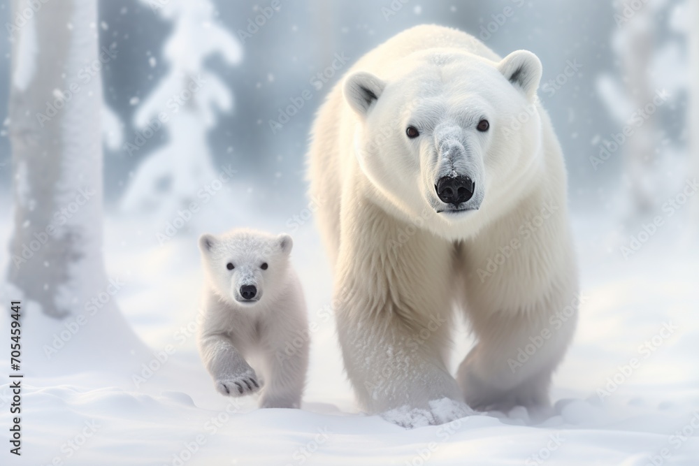 Polar bear (Ursus maritimus) mother and cub on the snow in finland. Polar bear (Ursus maritimus) mother and cub on the snow in finland.