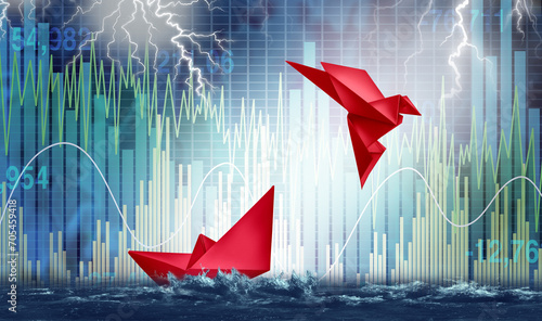 Fotografie Escaping Financial Turbulence and changing investing strategy to change course as a sinking paper boat and a flying origami bird representing economic adaptability and adapt to changes in sentiment