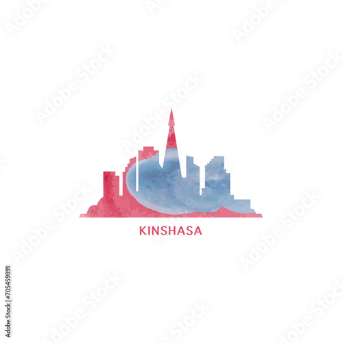 Kinshasa watercolor cityscape skyline city panorama vector flat modern logo, icon. Democratic Republic of the Congo megapolis emblem concept with landmarks and building silhouettes. Isolated graphic