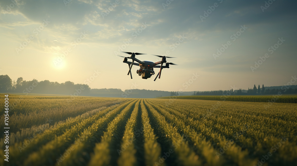 Quadcopter drone flying over a farm. Quadcopter drone flying over a farm.