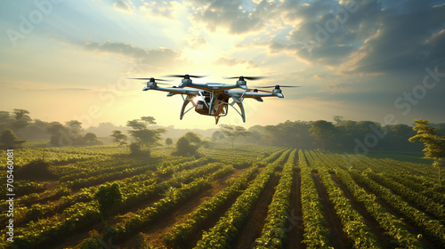 Quadcopter drone flying over a farm.