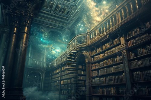 : A cosmic library suspended in the void, where books made of swirling galaxies float on shelves of stardust. Luminescent owls, guardians of this celestial knowledge, soar gracefully between the 