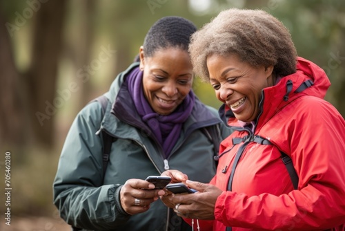 african american female seniors engaged in geocaching activities in a park © evgenia_lo