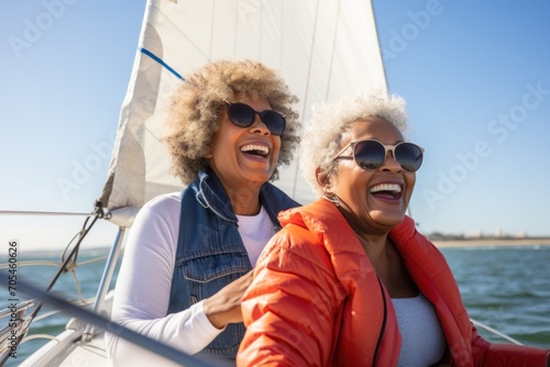 African american female seniors enjoying a sailing experience on a calm lake. Happy women sitting on the side of sailboat or yacht deck floating in sea and enjoying amazing view, sailing together