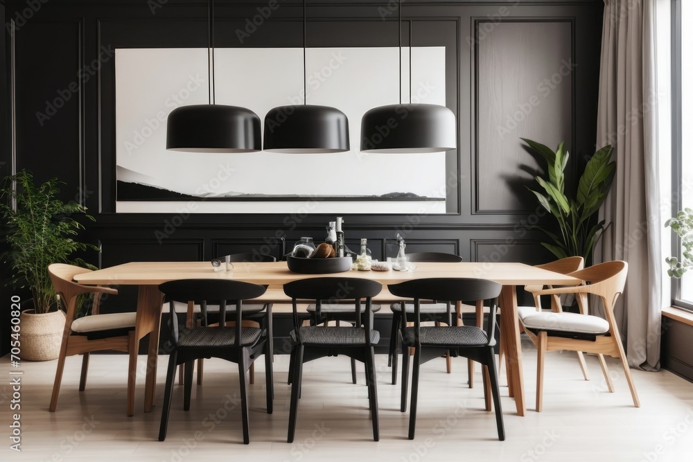 Interior home design of modern dining room with black chairs and wooden dining table in a classic room