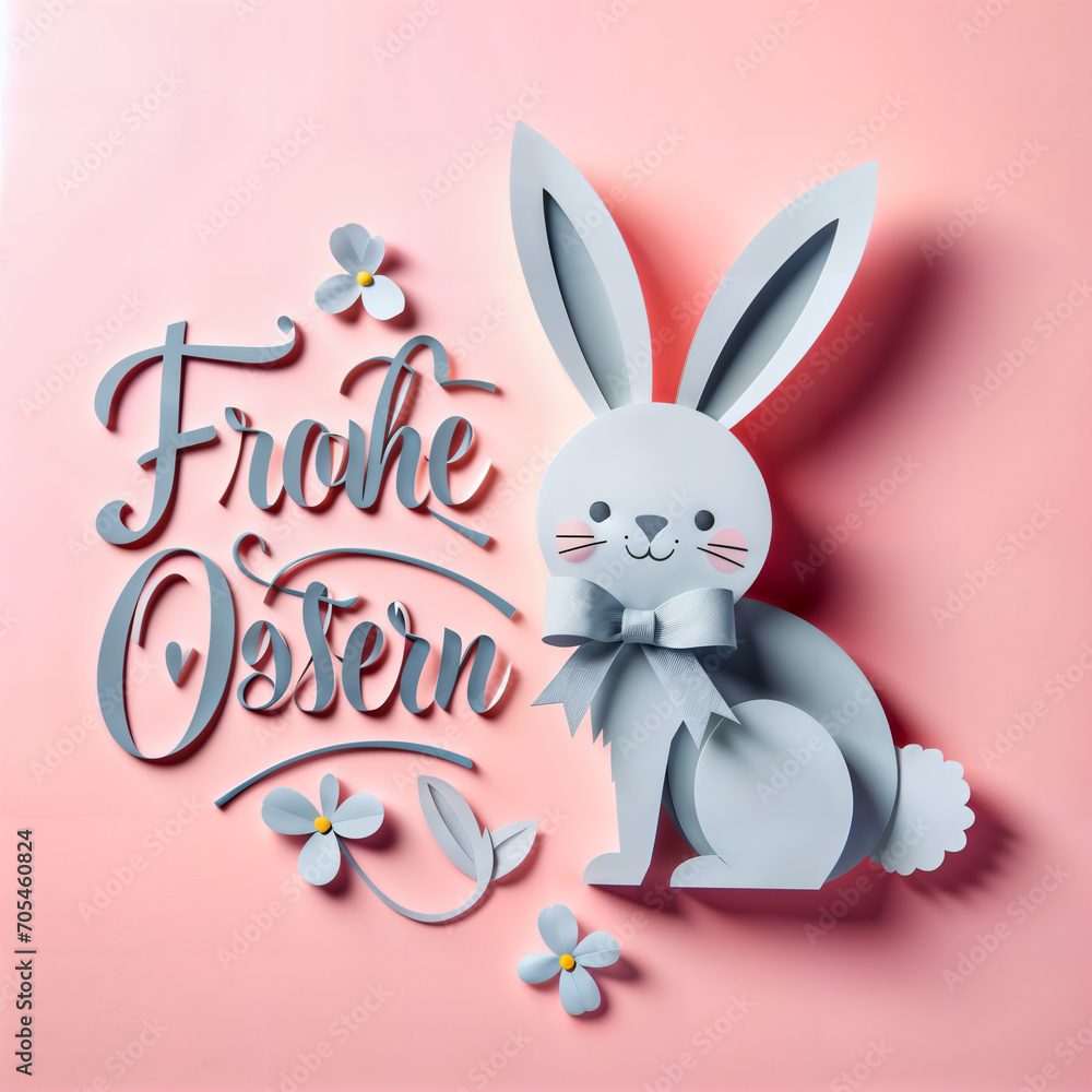 Obraz premium Easter Greetings. This is an image of a charming Easter-themed artwork featuring a cute grey paper bunny with a bow, surrounded by the German phrase “Frohe Ostern” (Happy Easter).