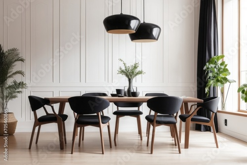 Interior home design of modern dining room with black chairs and wooden dining table in a classic room © Basileus
