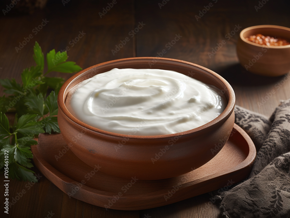 Yogurt in a wooden bowl. Yogurt in a wooden bowl.