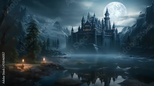 An illuminated cobwebcovered castle towers over a fogcovered lake with a menacing full moon in the background. photo