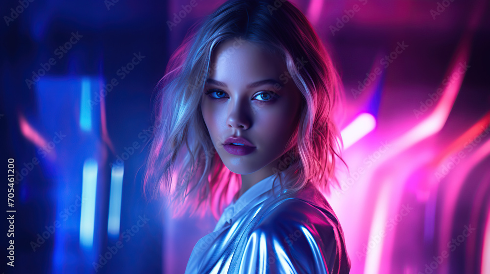 fashionable young woman stands confidently against a backdrop of intense neon lights