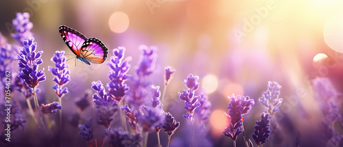 Morning panaromic view of flying butterfly over a blooming  lavender. photo
