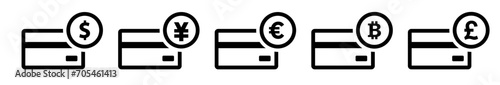 Set of Credit Card Icon.Dollar,Euro,Pound,Bitcoin,Yuan.Payment symbol collection.