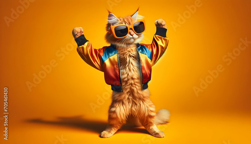 a cool cat dancing in sunglasses and colorful shirt on a orange background	
