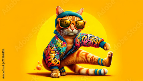 a cool cat dancing in sunglasses and colorful shirt on a orange background 