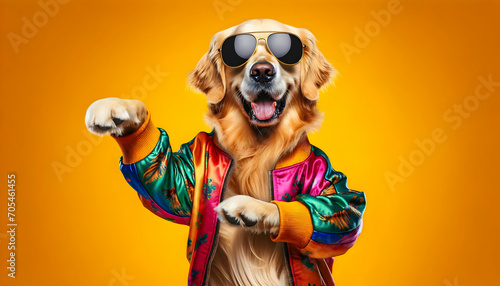 a cool dog dancing in sunglasses and colorful shirt on a orange background 