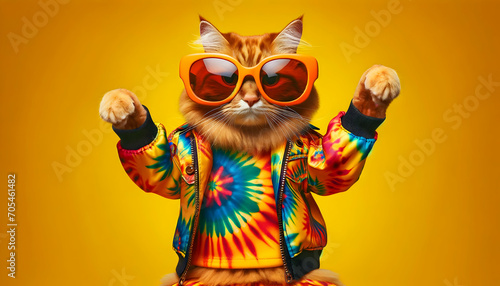 a cool cat dancing in sunglasses and colorful shirt on a orange background   © Zense