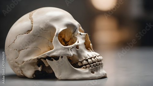 realistic human skull with its jaw open on a white background photo