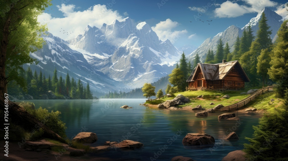 Wood cabin on the lake - log cabin surrounded by trees, mountains, and water in natural landscapes - obrazy, fototapety, plakaty 