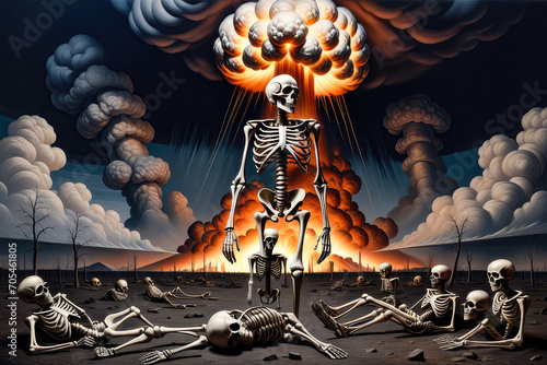 There are human skeletons in the background of a nuclear explosion. The concept of apocalypse, the end of the world. © Uri