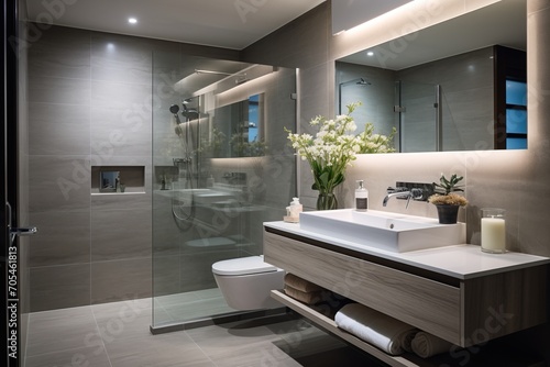 Modern bathroom interior with large glass shower and white sink