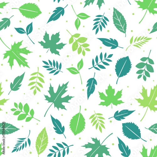 Cute spring leaves seamless pattern. Vector spring repeat texture with hand drawn green leaf on white background. Trendy beautiful season print for decor  wrapping  wallpaper  fabric  greeting card