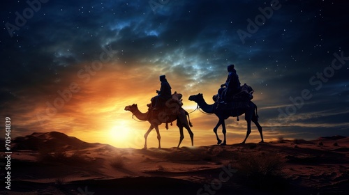 Journey of Wisdom. Two Wise Men on Camels Beneath the Guiding Star. Symbolizing the Concepts of Ramadan  Eid Mubarak  Hajj  and the Rich Heritage of Islamic Traditions.