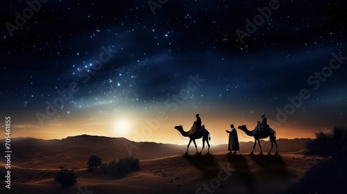 Journey of Wisdom. Two Wise Men on Camels Beneath the Guiding Star. Symbolizing the Concepts of Ramadan  Eid Mubarak  Hajj  and the Rich Heritage of Islamic Traditions.