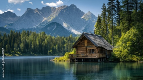 Wood cabin on the lake - log cabin surrounded by trees, mountains, and water in natural landscapes