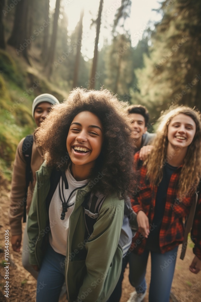 Group of diverse teenagers hiking in the woods Group of diverse teenagers hiking in the woods