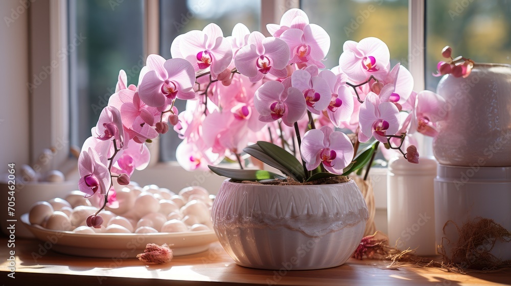 White, pink and purple moth orchids near the home decoration window White, pink and purple moth orchids near the home decoration window