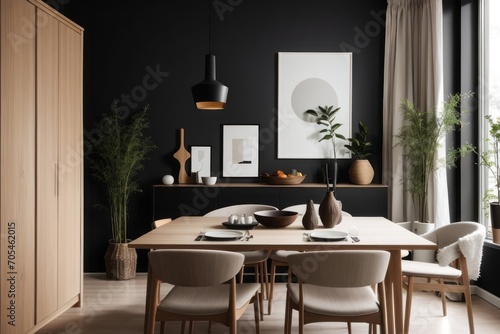 Scandinavian interior home design of modern dining room with wooden cabinet and shelves with empty mock poster frames on black wall © Basileus