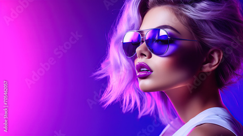 model with striking blond hair confidently poses against a dynamic backdrop of vivid neon pink and blue lights