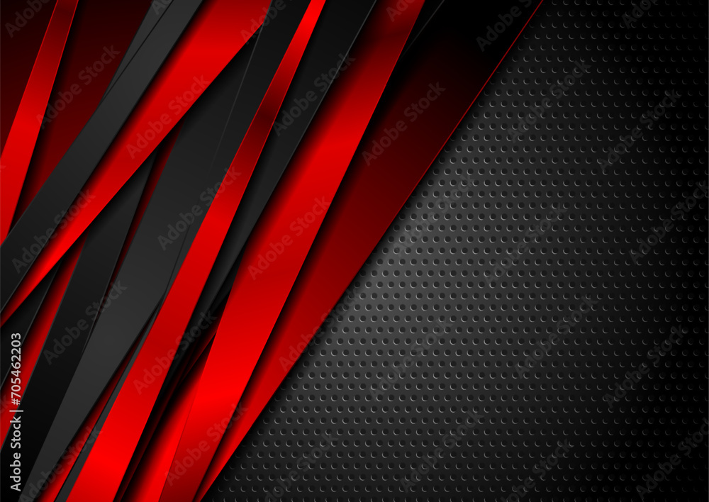 Black and glossy red stripes on dark perforated background. Vector hi-tech geometric design Black and glossy red stripes on dark perforated background. Vector hi-tech geometric design