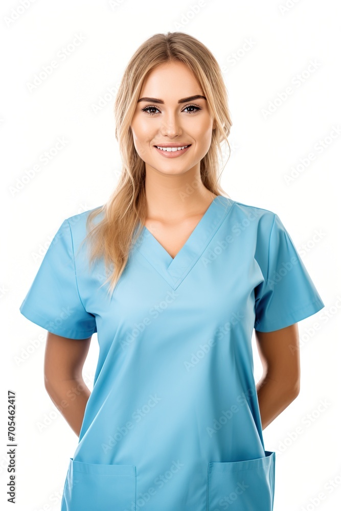 Portrait of a smiling female doctor or nurse in blue uniform Portrait of a smiling female doctor or nurse in blue uniform