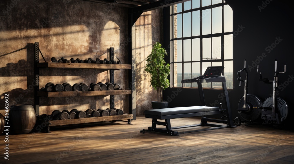 New gym interior with sports equipment on shelves. New gym interior with sports equipment on shelves.