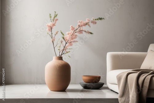 Interior home design of modern living room with blooming flowers in clay vase with copy space