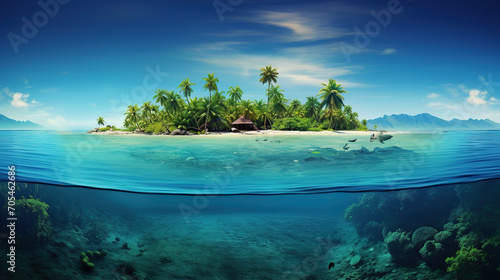 Serene Tropical Island As Seen Above and Below Crystal Clear Water © iwaart
