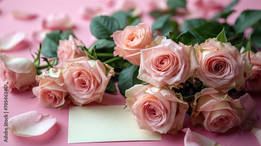 Bouquet of beautiful fresh roses with a card on pink background. Generative AI. Bouquet of beautiful fresh roses with a card on pink background. Generative AI.