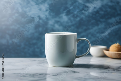 cup of coffee on table with blue background
