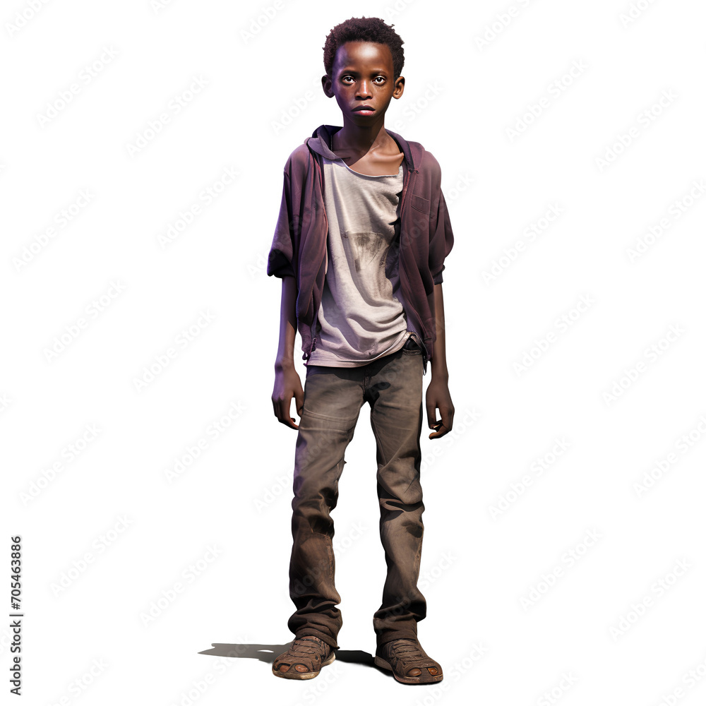 Poor and starving African boy girl is thin on transparent background PNG. Food crisis concept in Africa.