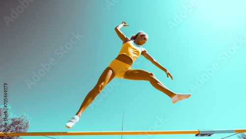 Female athlete jumping over a hurdle during a track and field event photo