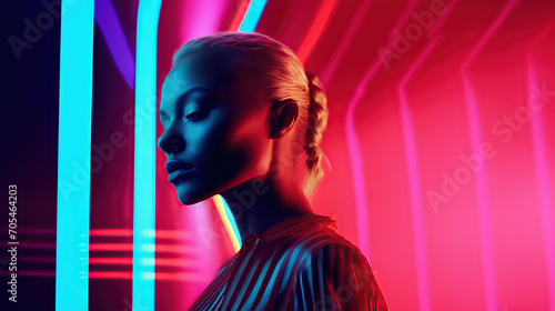 woman stands immersed in a vibrant neon light installation