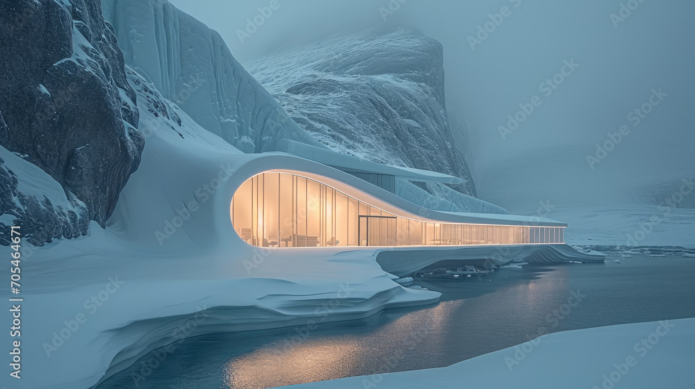 Modern museum in snow glacier in Antarctica. Generative AI.