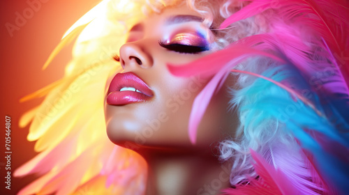 Woman With Vibrant Feather Headdress and Bold Makeup