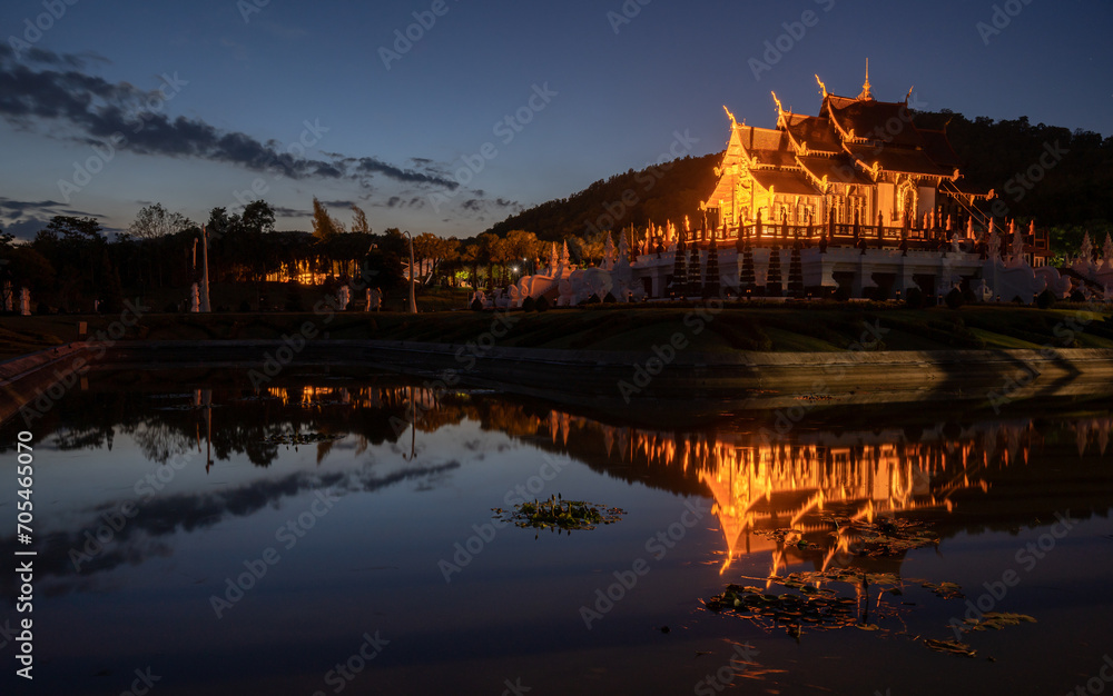 Night view of Ho Kham Royal Pavilion an iconic symbol of Royal Park Rajapruek in Chiang Mai province of Thailand.