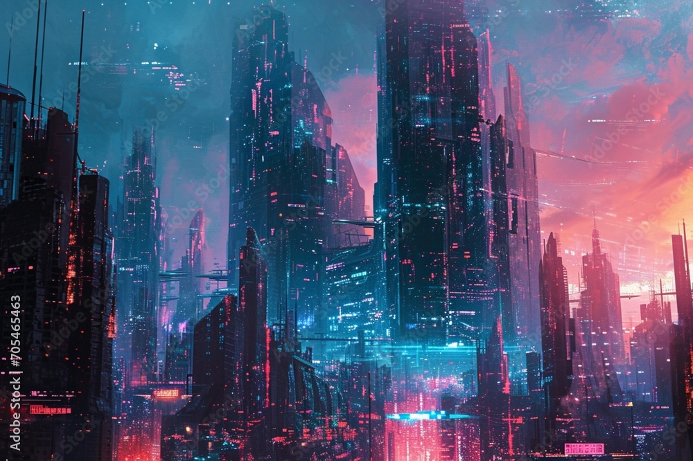 : A dystopian city skyline dominated by towering megastructures, their surfaces covered in holographic graffiti and glitched patterns, showcasing the clash between rebellious digital subcultures and